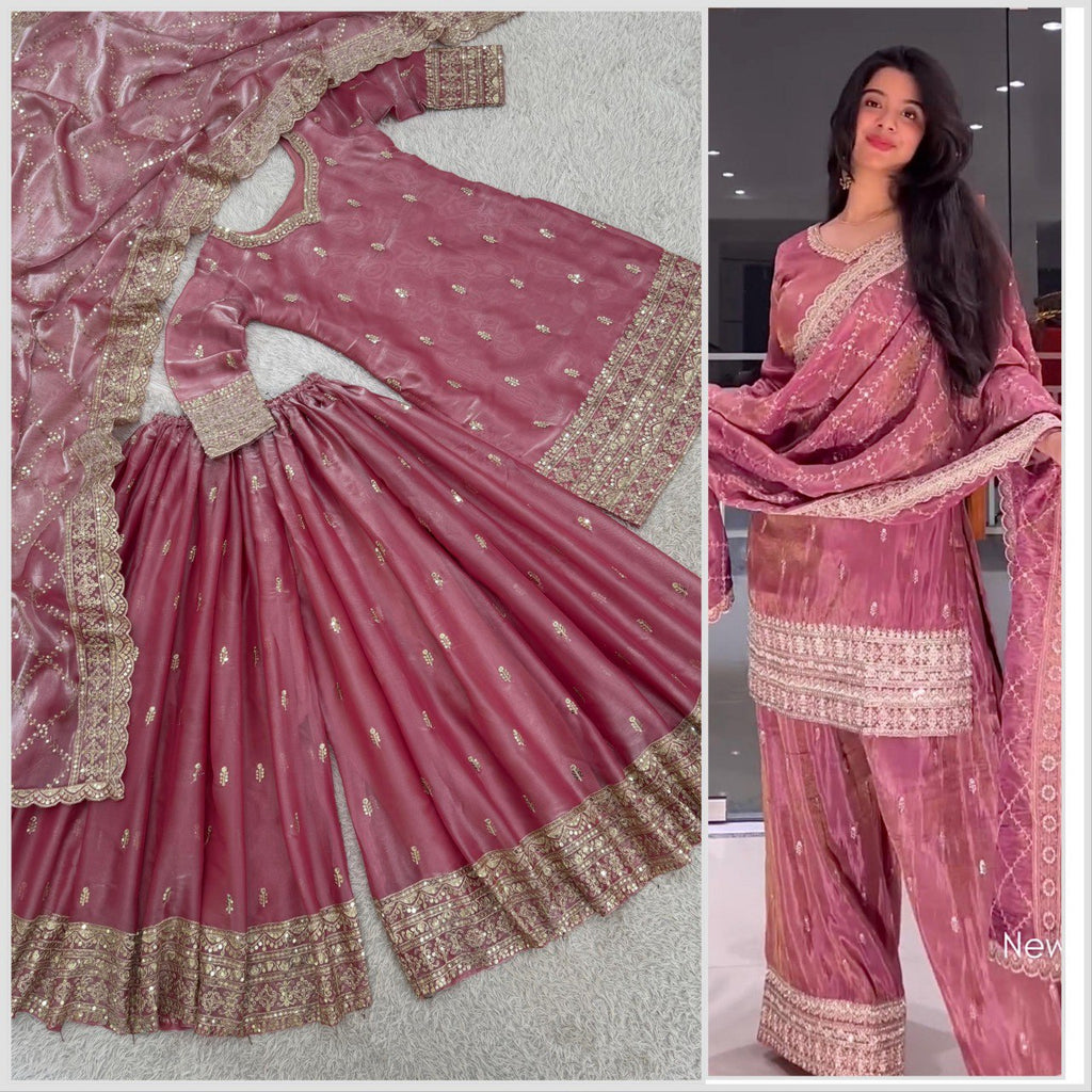 Full flat lay of Mauve Pink Jimmy Choo Silk Plazzo Suit with Dupatta, featuring heavy embroidery and sequins.