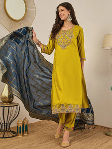 Embroidered Viscose Rayon Kurta Set with Banarasi Silk Dupatta