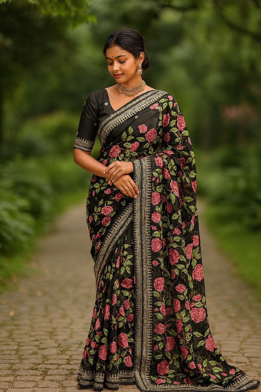 Model wearing black pure georgette saree with pink floral Parsi embroidery and ornate gold Sabyasachi-style border