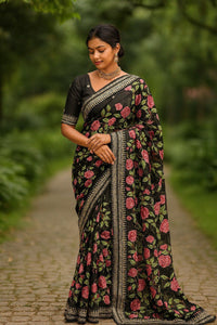 TRENDBUY Exclusive Pure Georgette Saree with Heavy Parsi Work & Sabyasachi Border