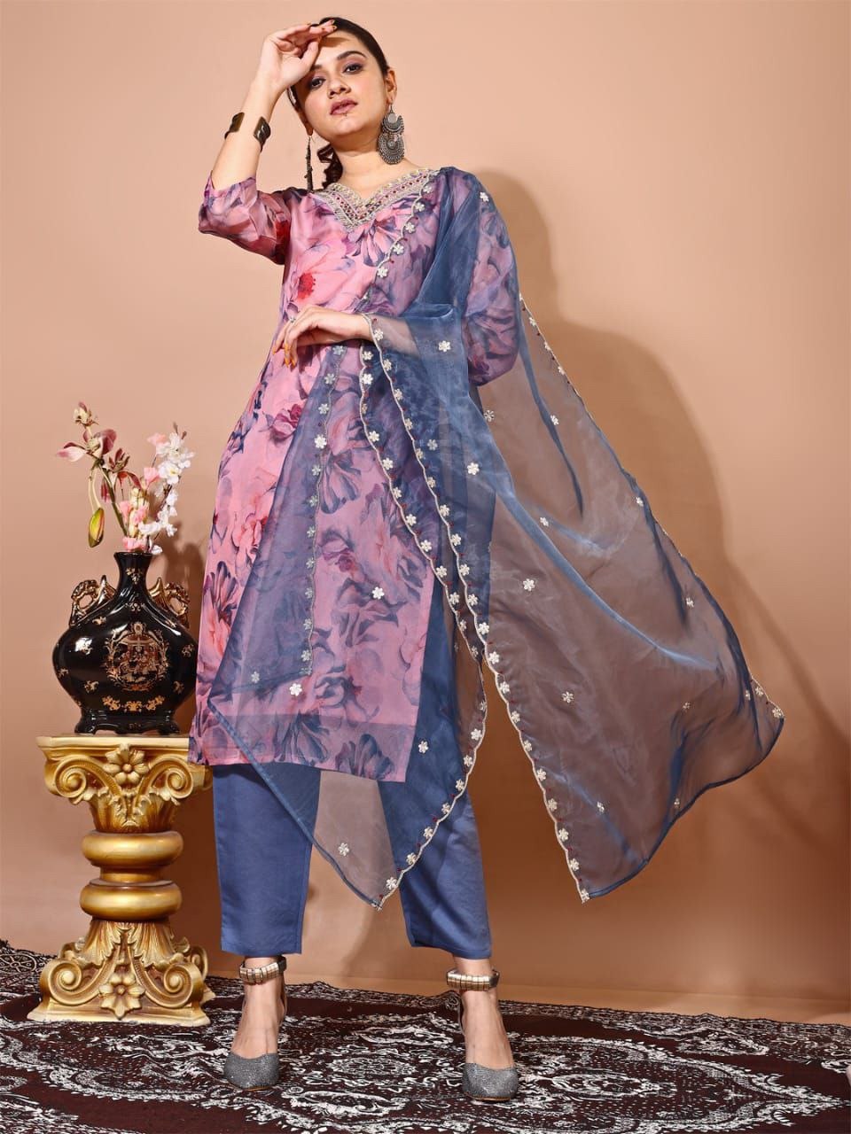 TRENDBUY women's pink floral taffeta silk kurti set with blue pants and zari embroidered net dupatta