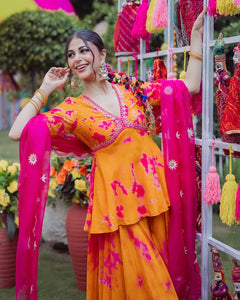 Vibrant Orange Magenta French Crepe Ethnic Sharara Set with Embroidery