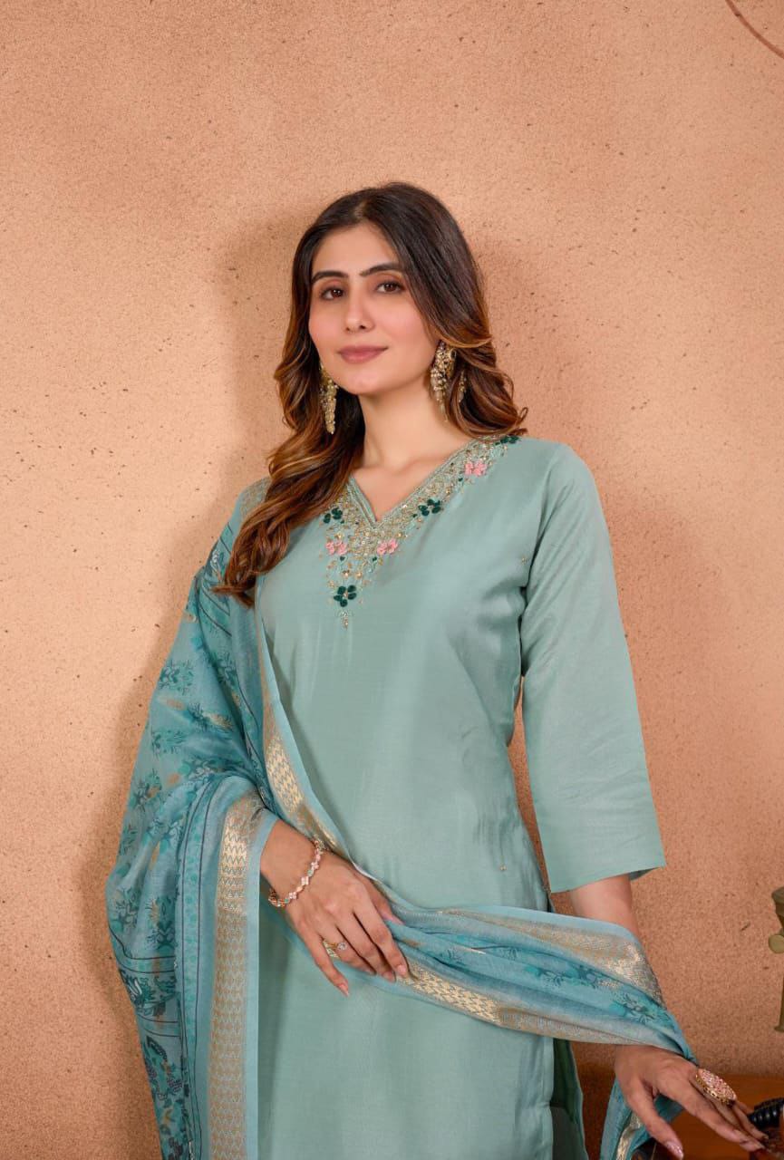 Close-up of model's elegant pose, focusing on the beautiful handwork on the kurti's V-neck and the border of the Chanderi dupatta.