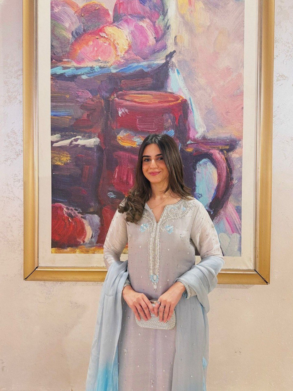 TRENDBUY model in silver grey Jimmy Choo Silk kurti set with light blue ombre dupatta, posing elegantly.