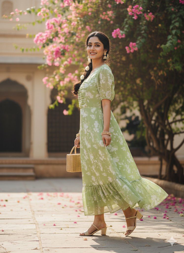 Smiling woman in a light green floral maxi dress with pleated yoke and short sleeves, holding a woven bag, walking outdoors.