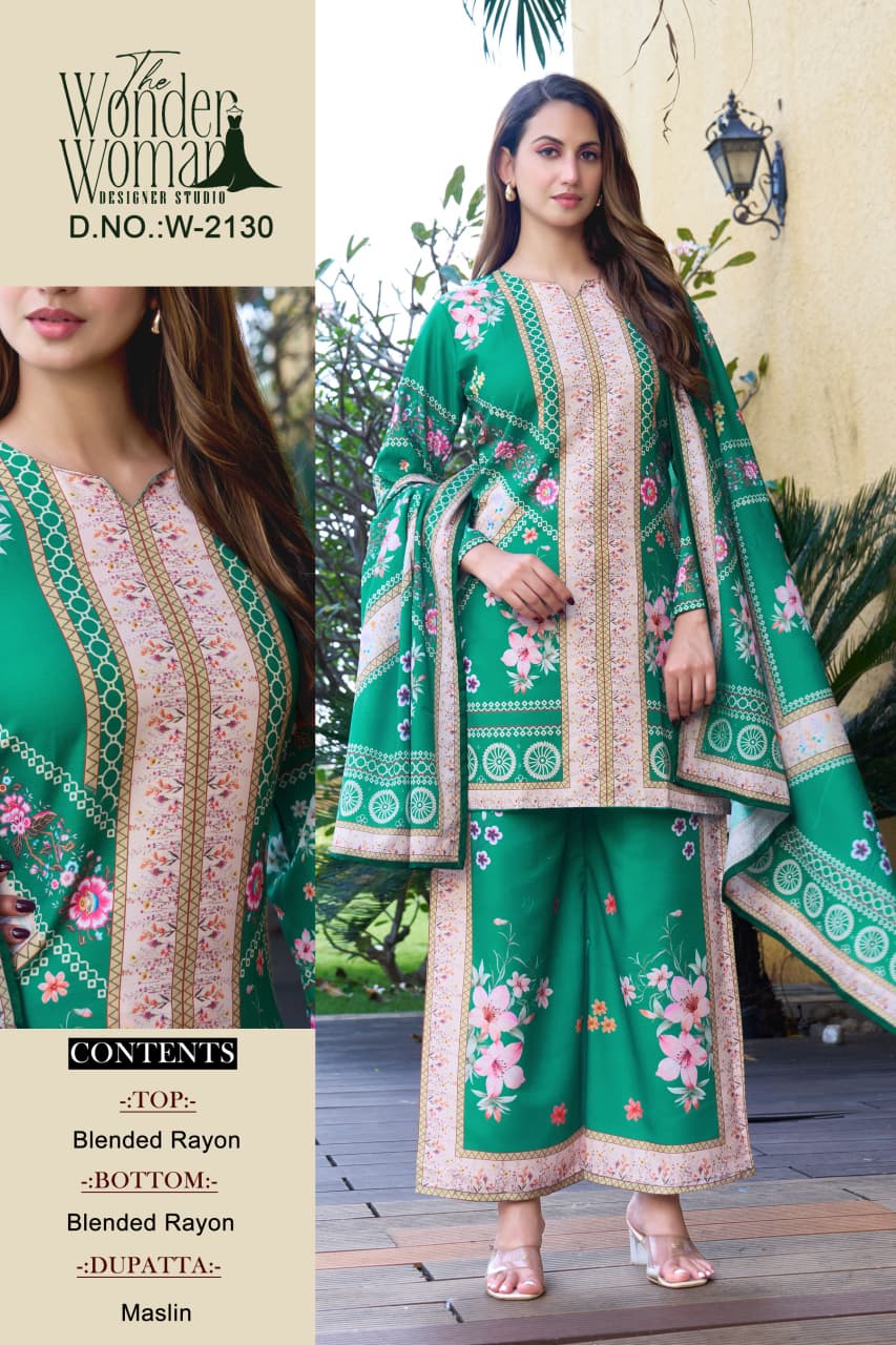 Model in elegant green Blended Rayon coord set with Maslin dupatta, featuring intricate floral and striped prints, perfect for daily wear.