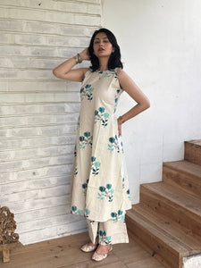 TRENDBUY Women's Printed Cotton Halter Neck A-Line Kurta Palazzo Set with Pockets