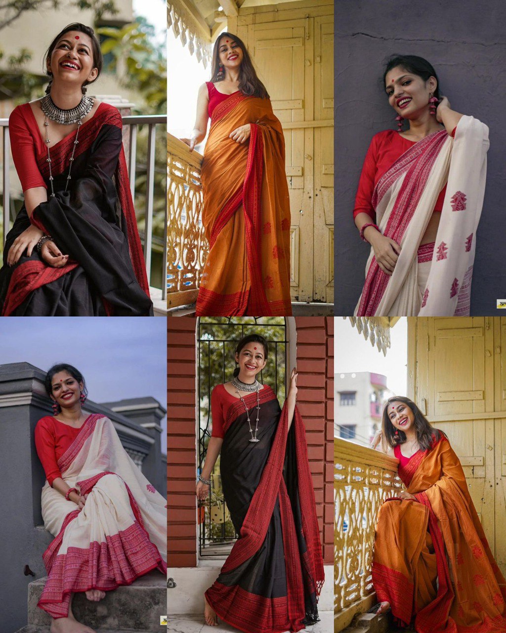 Model in black Lilan Slab Saree with red border, silver choker, smiling on balcony.