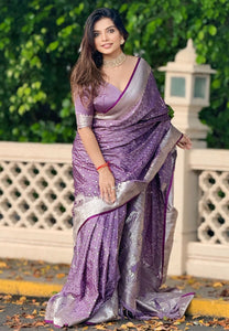 TRENDBUY Exclusive Banarasi Antique Silk Saree with Silver Zari Weaves & Rich Peacock Pallu - Festive Dusty Pastel Collection
