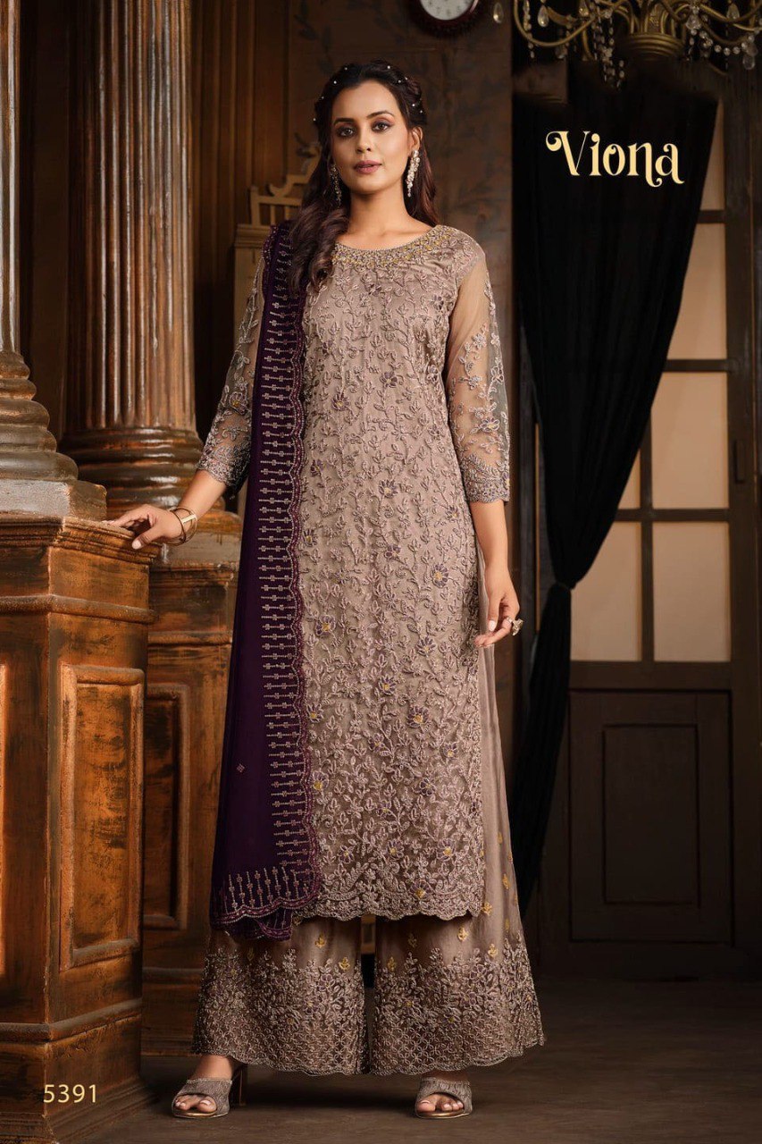 Model in elegant Taupe Semi-Stitched Palazzo Suit with deep purple embroidered dupatta, Viona collection.