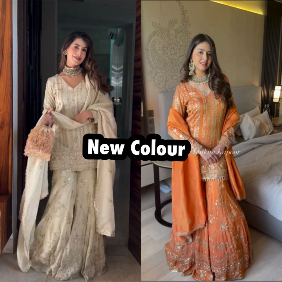 Model showcasing two distinct Faux Georgette Gharara sets, one in cream and one in orange, highlighting new color options.