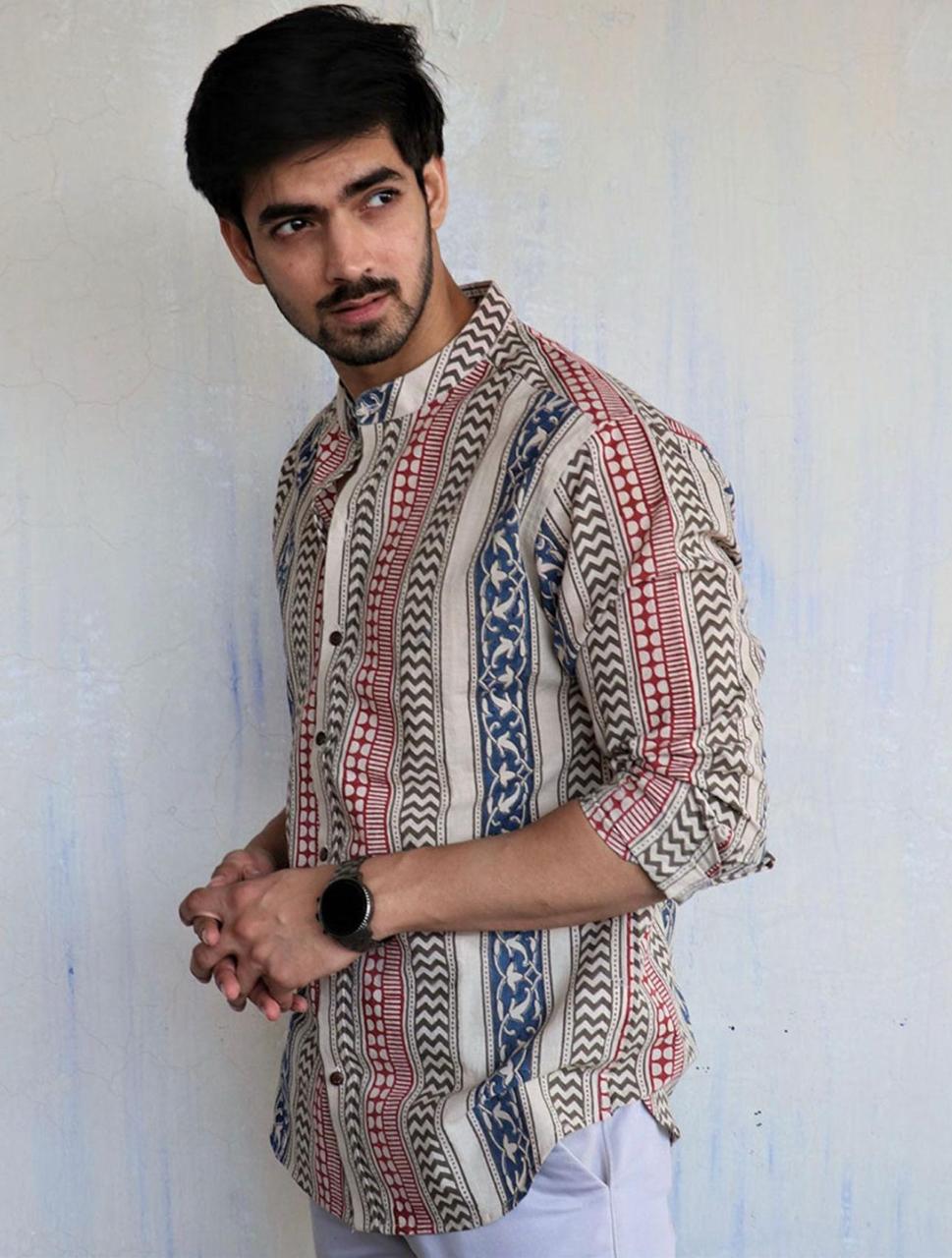 Young man wearing TRENDBUY multi-patterned block print cotton kurta, front view