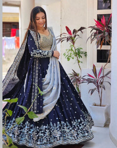 TRENDBUY Navy Blue Embroidered Fox Georgette Wedding Special Lehenga Choli
