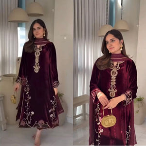 TRENDBUY Designer Velvet Party Wear Kurta Set with Heavy Embroidery