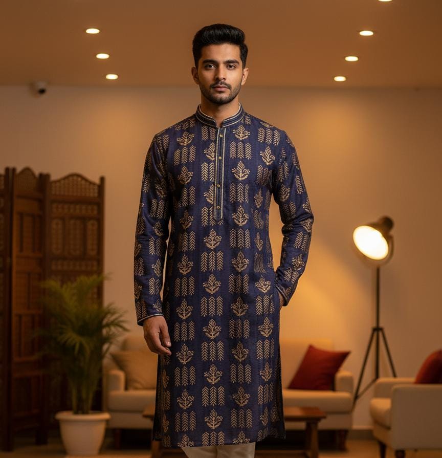TRENDBUY Men's Navy Blue Art Silk Kurta Pajama Set with gold floral print for wedding
