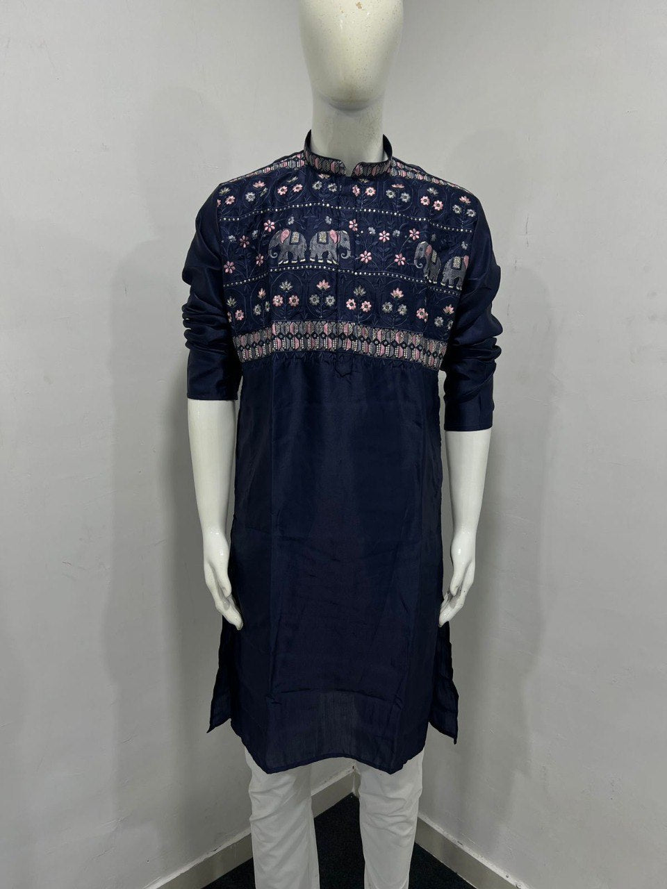 Navy Blue Men's Silk Kurta with intricate elephant and floral embroidery on a mannequin.