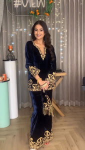 TRENDBUY Luxurious Navy Velvet Co-ord Set with Golden Embroidery - Top & Palazzo