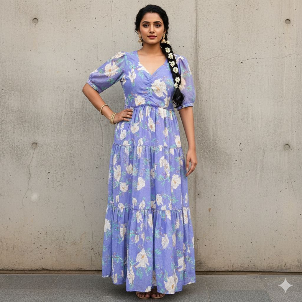 TRENDBUY Lavender Blossom Georgette Maxi Dress with white floral print, tiered skirt, and puff sleeves.