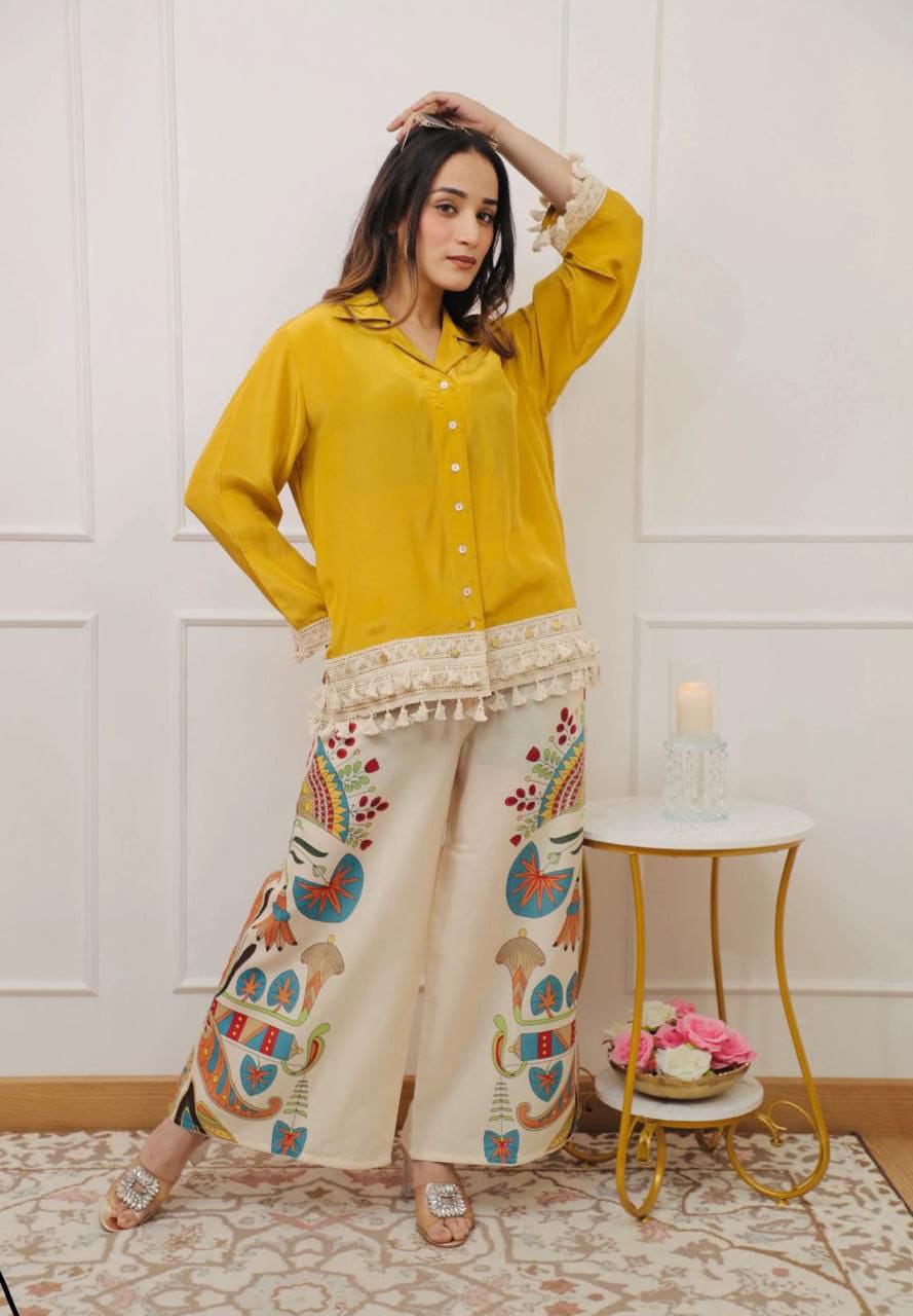 TRENDBUY Rutaba Pure Cotton yellow cut top and digital print plazo set on model