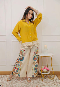TRENDBUY Rutaba Pure Cotton Yellow Co-ord Set with Digital Print Plazo & Bracelet