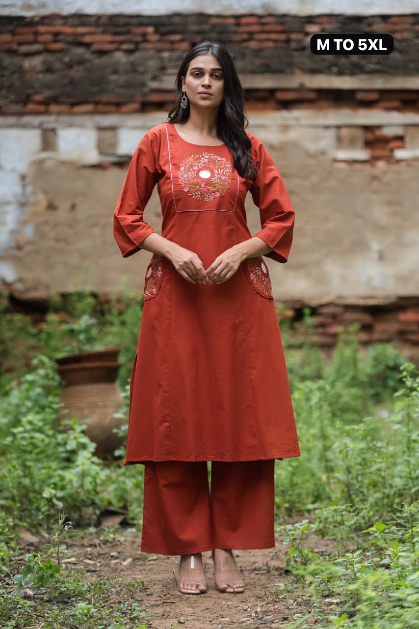 Model wearing Terracotta Orange Dhabu Cotton co-ord set outdoors, showcasing fit and style