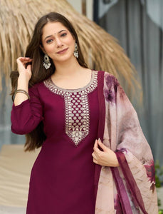 TRENDBUY Women's Maroon Rayon Embroidered Straight Kurta Set with Pant & Taby Dupatta