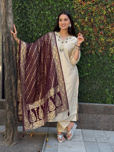 TRENDBUY Cream Roman Silk Kurti Pent Dupatta Set with Hand Work & Jacquard Dupatta