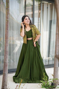 TRENDBUY Designer Olive Green 3-Piece Lehenga Choli with Embroidered Koti