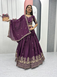 TRENDBUY Festive Embroidered Chinon Lehenga Choli Set - Plum & Royal Purple