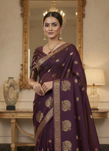TRENDBUY Pure Muslin Silk Saree with Gold Sparrow Design & Blouse