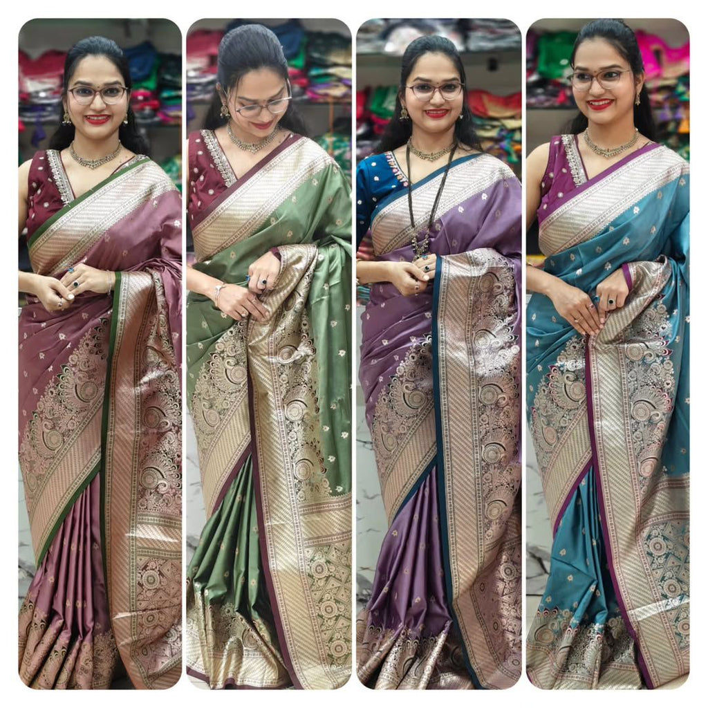 Four women modeling TRENDBUY luxurious satin sarees in mauve, olive green, purple, and teal with zari peacock borders and gold butta motifs.