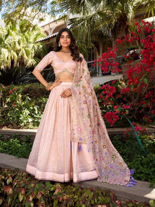 Gold Crush Sequin & Thread Embroidered Lehenga Choli Set with Floral Dupatta