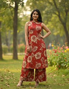 TRENDBUY Pure Cotton Floral Print Kurta Set with Palazzo for Women