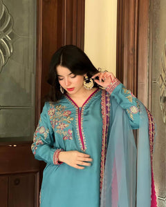 TRENDBUY Emerald Teal Embroidered Natural Crepe Palazzo Suit Set with Soft Net Dupatta