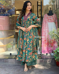 TRENDBUY Elegant Floral Printed Reyon Kurta Set with Chanderi Dupatta - Multi-Color