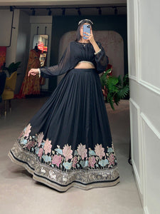 Elegant Black Georgette Co-ord Set with Sequin & Thread Embroidered Lehenga and Crop Top