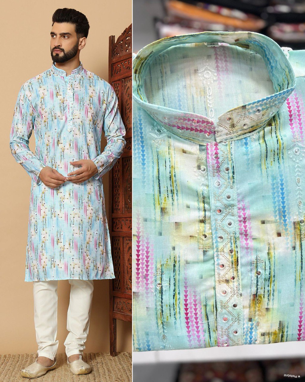 TRENDBUY Men's Light Blue Abstract Print Linen Cotton Kurta with Sequin Embroidery and White Pyjama
