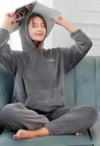 TRENDBUY Cozy Woolen Hoodie Night Suit Set with Front Pocket