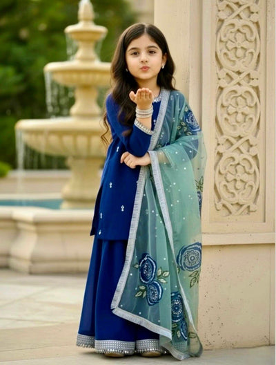 TRENDBUY Girls Royal Blue Viscose Velvet Sharara Set with Heavy Embroidery & Organza Dupatta