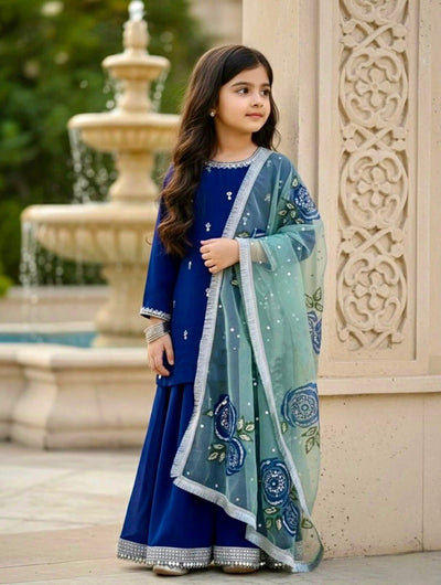 TRENDBUY Girls Royal Blue Viscose Velvet Sharara Set with Heavy Embroidery & Organza Dupatta