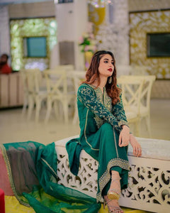 TRENDBUY Emerald Green Georgette Sequins & Zari Embroidery Kurti Plazzo Suit Set