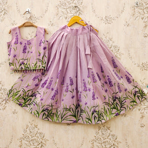 TRENDBUY Kids Lavender Floral Muslin Silk Lehenga Choli with Pleated Flare & Embellishments