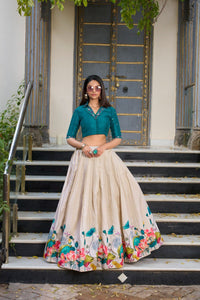 TRENDBUY Modern Tasar Silk Floral Print Lehenga Co-ord Set with Teal Blouse
