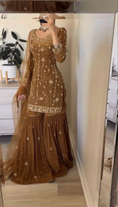 TRENDBUY Elegant Bronze Georgette Sharara Suit | Zarkan & Sequence Embroidery