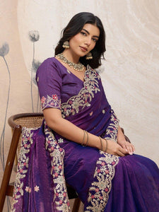 TRENDBUY Disha2 Party Wear Soft Space Silk Saree with Embroidered Cutwork Border
