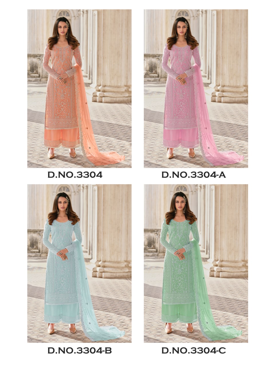Elegant Peach Butterfly Net Palazzo Suit with intricate coding embroidery and diamond work, full view on model.