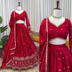 TRENDBUY Red Japan Satin Lehenga Choli with Thread & Sequins Work - Wedding & Festive Wear