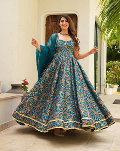 TRENDBUY Elegant Digital Printed Anarkali Gown with Grand 8M Flair & Organza Dupatta