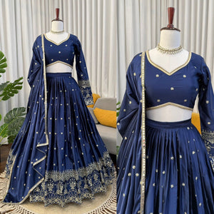 TRENDBUY Premium Navy Blue Japan Satin Lehenga Choli with Sequin Thread Work