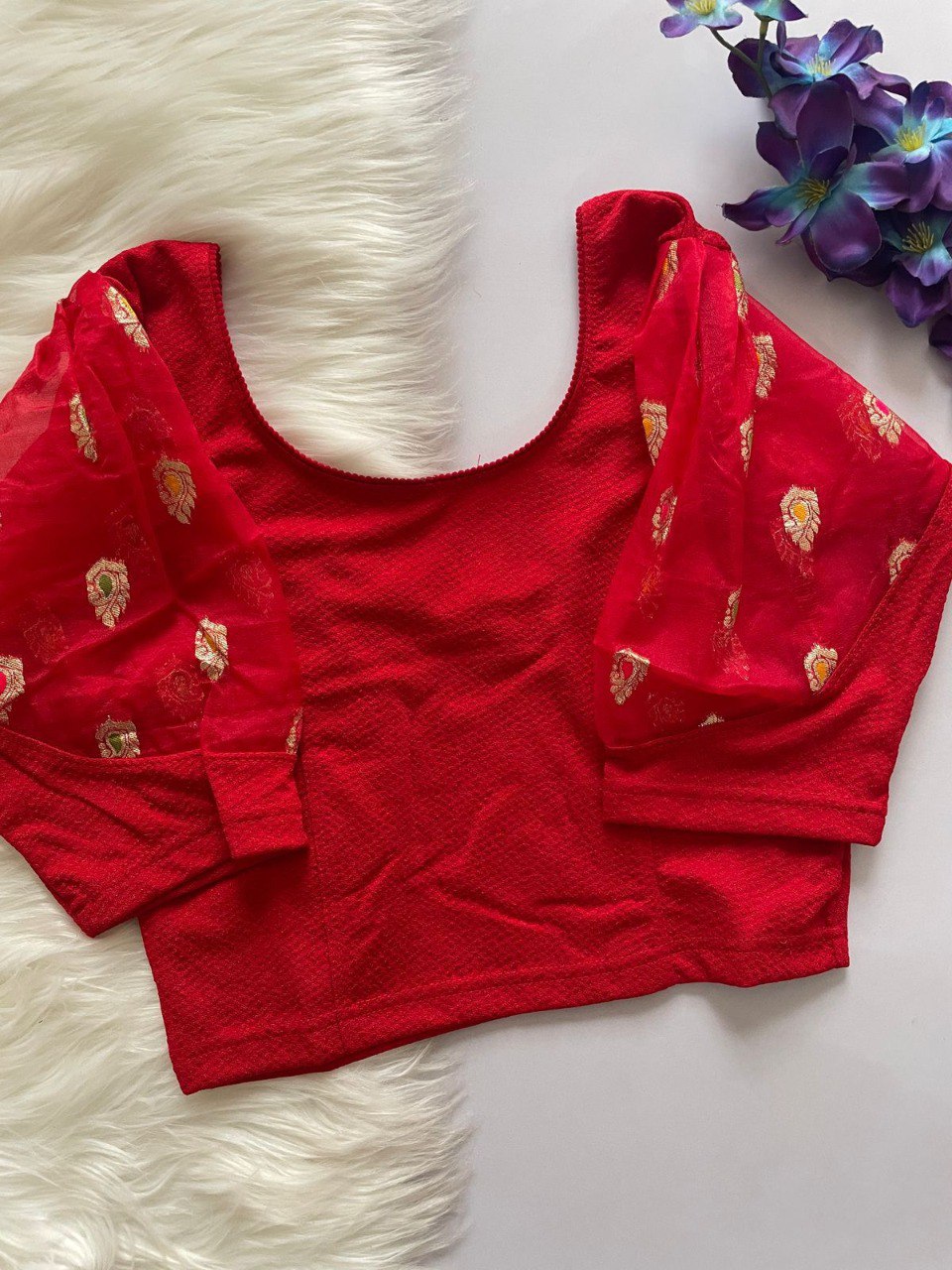 Red stretchable blouse with organza sleeves